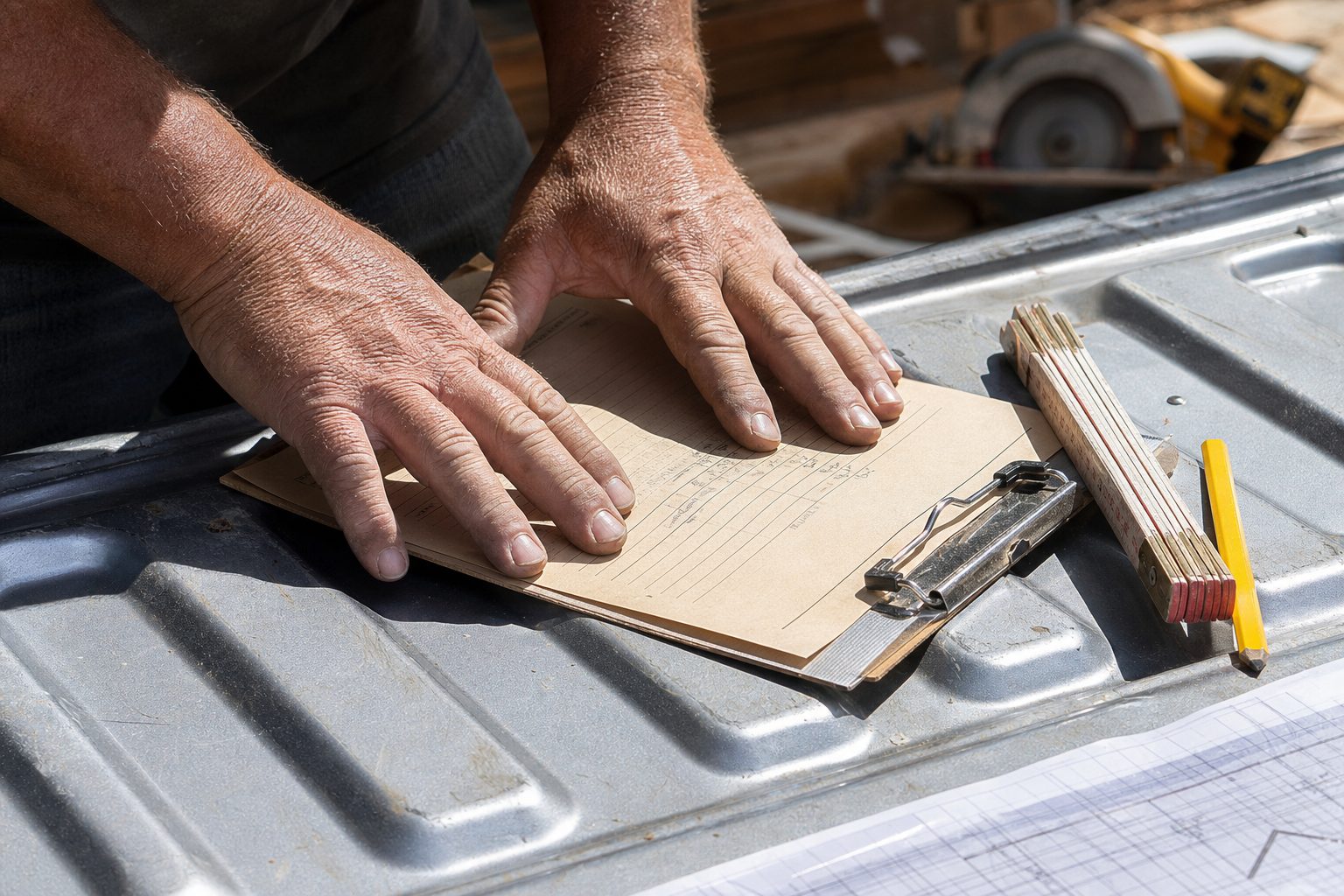 Contractor's hands signing a change order clamped to a truck tailgate beside a folding rule and pencil
