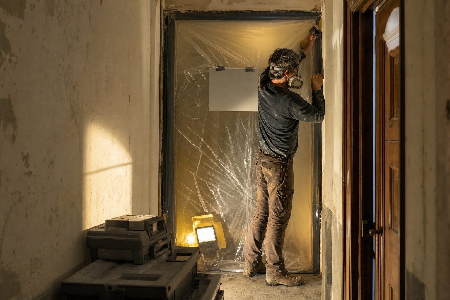 Remodeler in a respirator sealing plastic containment sheeting over a doorway in an old plaster hallway