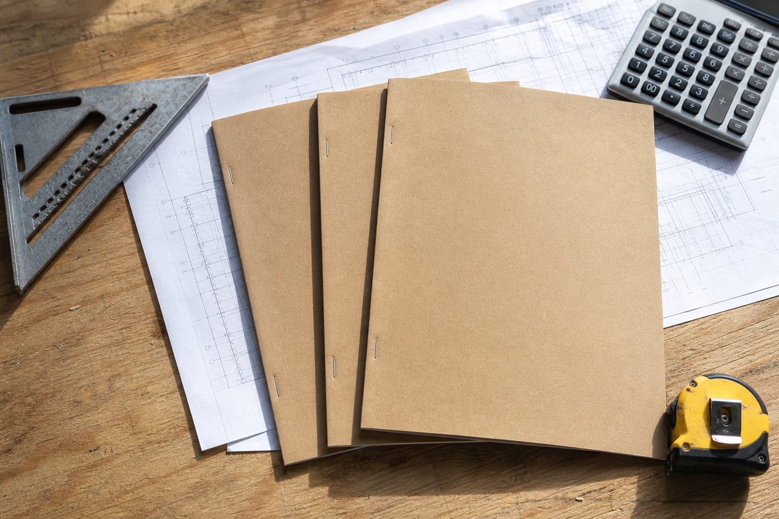 Three bid packets fanned across a plywood workbench with a framing square, calculator and tape measure