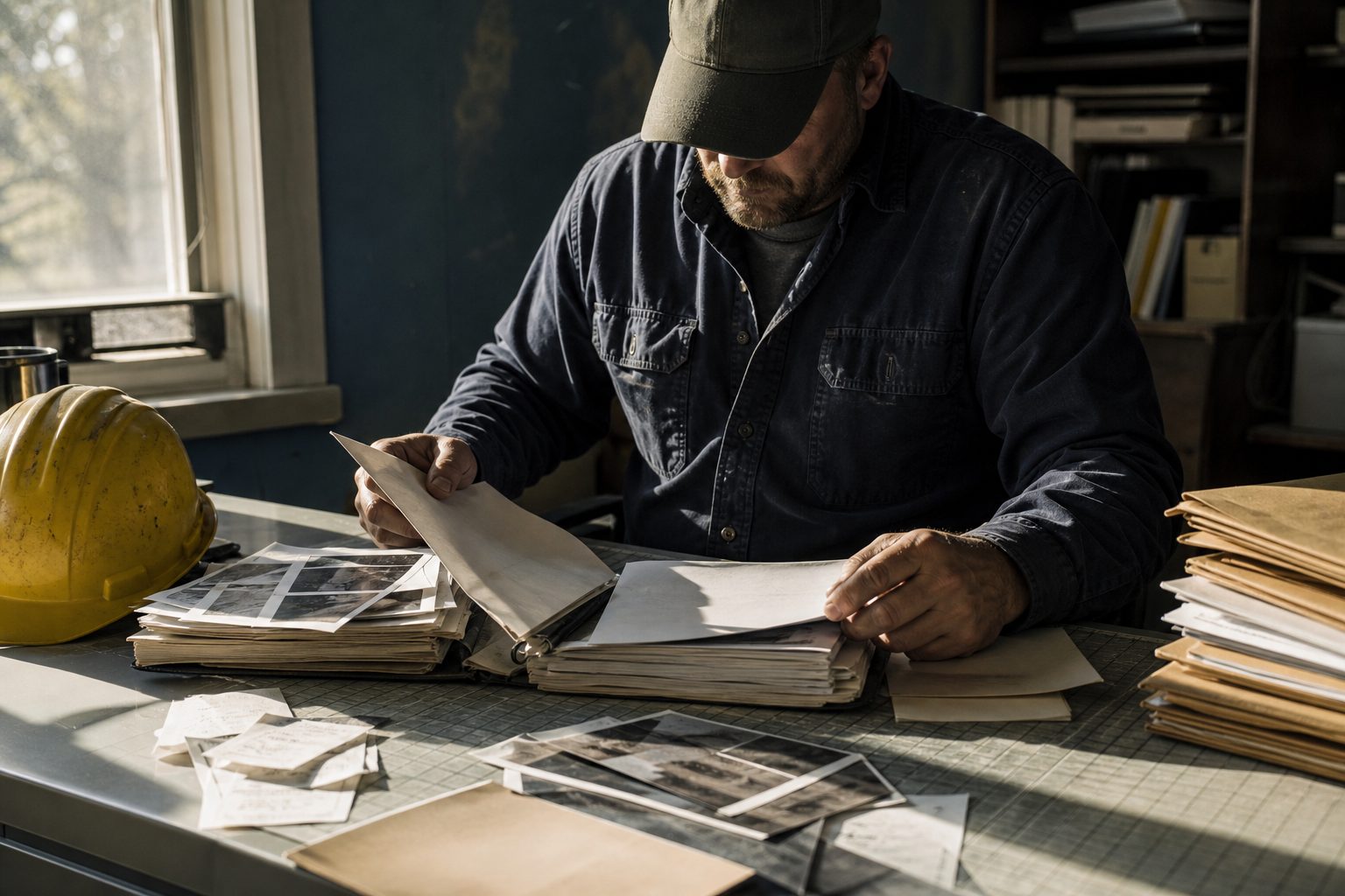 Contractor sorting a job file of permits, photo contact sheets and receipts across a shop desk