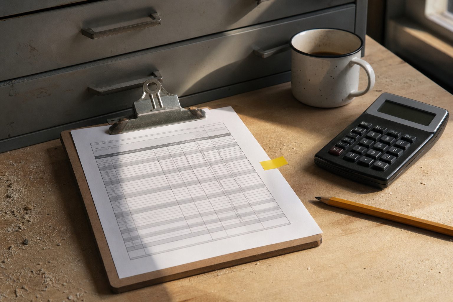 Rate worksheet, calculator and carpenter pencil on a plywood shop desk beside a steel filing drawer