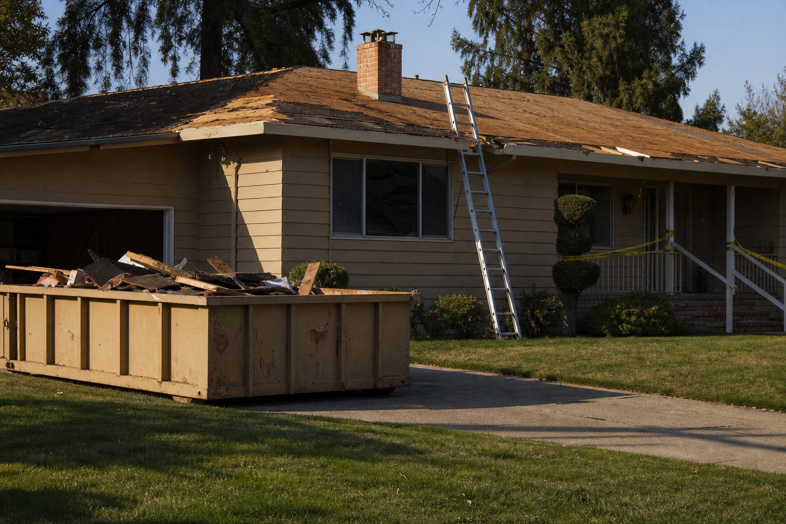 A 1970s suburban ranch house mid remodel with a driveway dumpster and roof stripped to bare sheathing