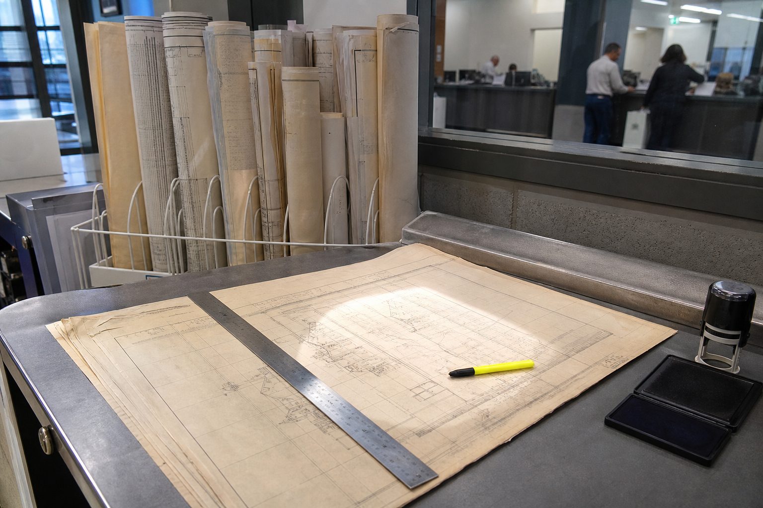 Municipal permit counter with rolled plan sets and an open drawing under a steel ruler and date stamp