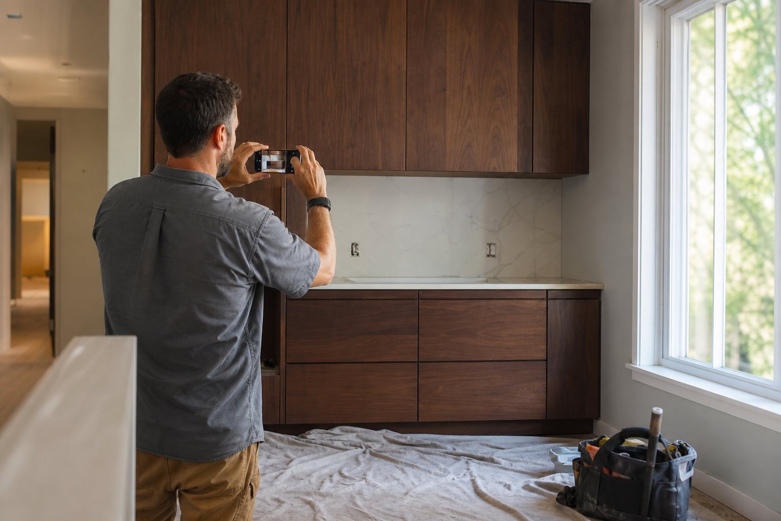 Remodeling contractor in a work shirt photographing finished kitchen cabinetry with a phone on a residential job site