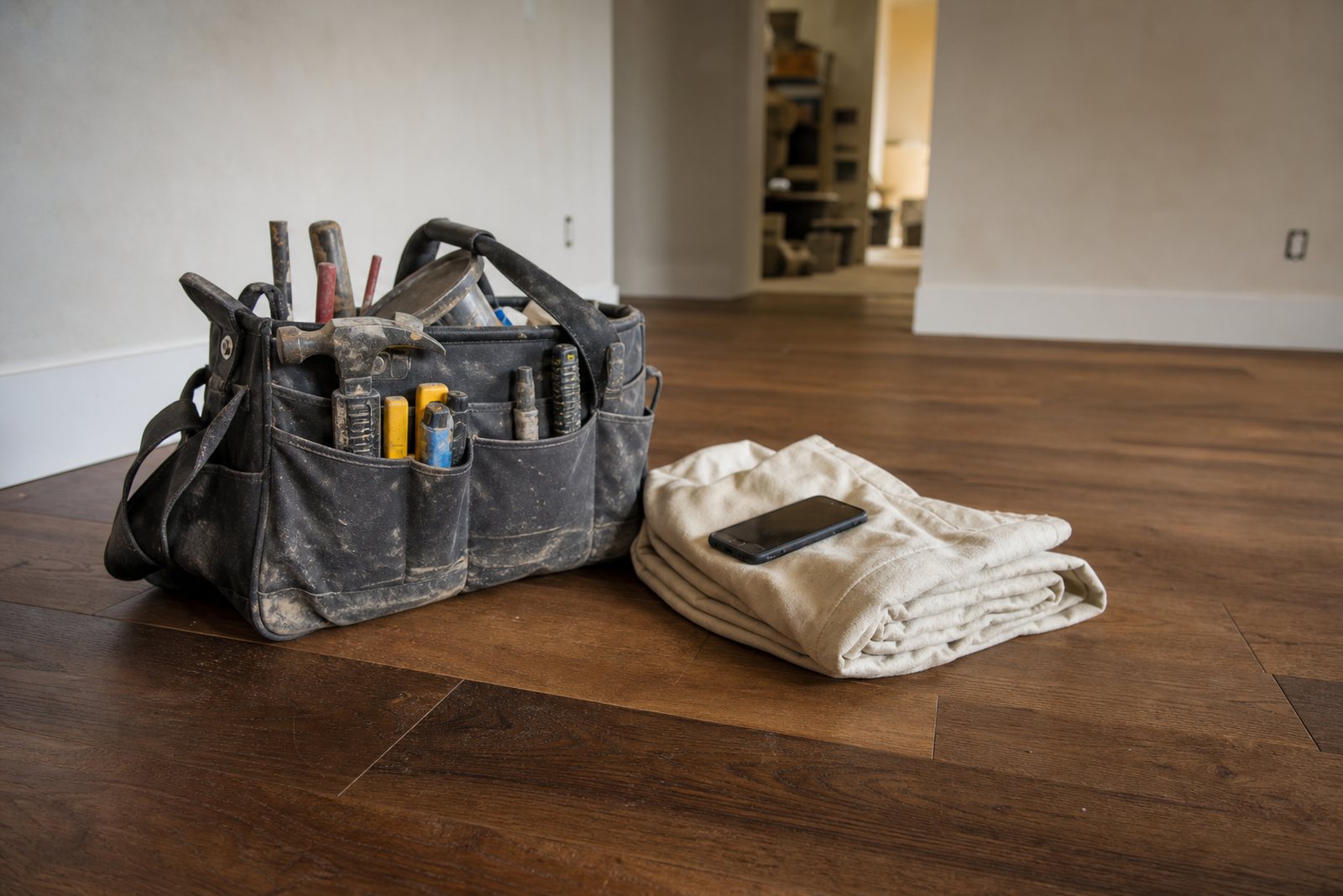 Contractor tool bag, folded drop cloth and a phone resting on a bare room floor at the start of a remodel